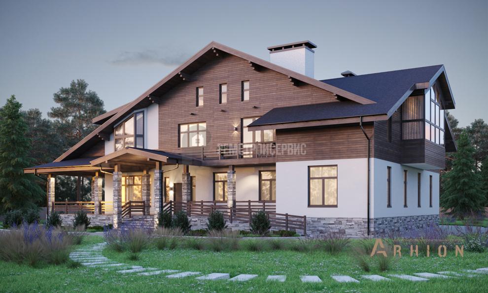 3. Проект одноэтажного дома в стиле шале с многоскатной кровлей, t-54-01, площадью - 508 кв c цокольным этажом, мансардой, сауной, терассой, балконом, бассейном